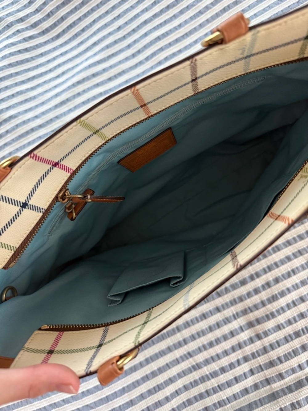 2008 Coach Heritage Cream Plaid Tote with Teal Center Stripe and Brown Trim - Picture 6 of 9